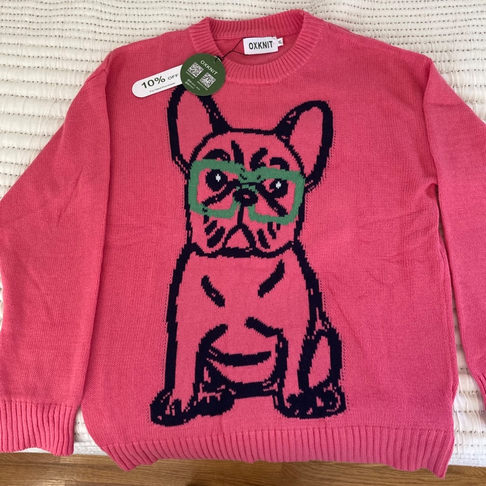 Women's Oxknit Pink French Bulldog Sweater, 100% Cotton, Size XL, NWT